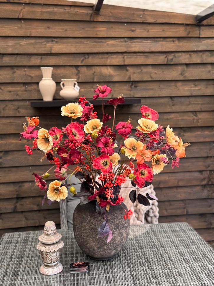 Zijden herfst/winter boeket incl pot, Huis en Inrichting, Woonaccessoires | Kunstplanten en Kunstbloemen, Nieuw, Binnen, Ophalen of Verzenden