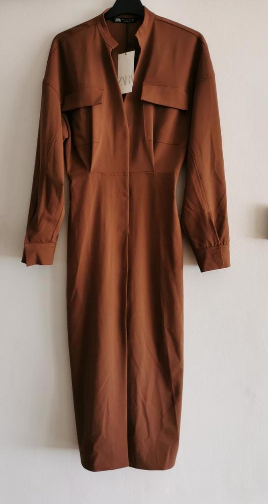 ZARA overhemdjurk mt. XS-S, Kleding | Dames, Jurken, Nieuw, Maat 36 (S), Bruin, Onder de knie, Verzenden