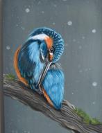 Poetsende IJsvogel geschilderd op een mooi houten plankje, Antiek en Kunst, Ophalen of Verzenden