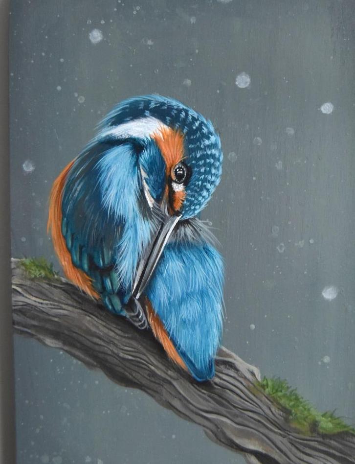 Poetsende IJsvogel geschilderd op een mooi houten plankje, Antiek en Kunst, Kunst | Overige Kunst, Ophalen of Verzenden