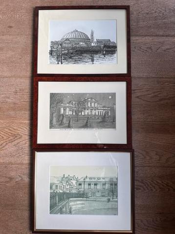 3 litho’s pentekeningen Haarlem met lijsten beschikbaar voor biedingen