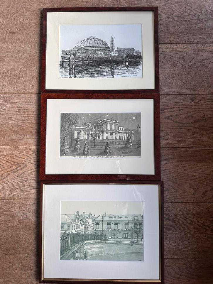 3 litho’s pentekeningen Haarlem met lijsten, Antiek en Kunst, Kunst | Tekeningen en Foto's, Ophalen of Verzenden
