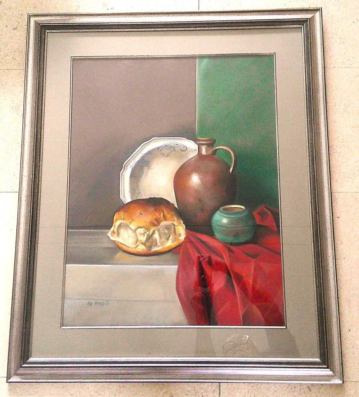 Guido De Hoog (geb. 1954) - gevarieerd stilleven op tafel, Antiek en Kunst, Kunst | Schilderijen | Klassiek, Ophalen of Verzenden