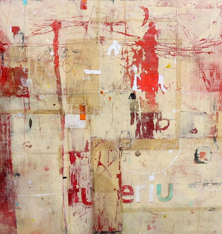 Suus Kooijman (1960) Olie-Encaustiec " Abstracte Compos" Ges, Antiek en Kunst, Kunst | Schilderijen | Modern, Ophalen of Verzenden