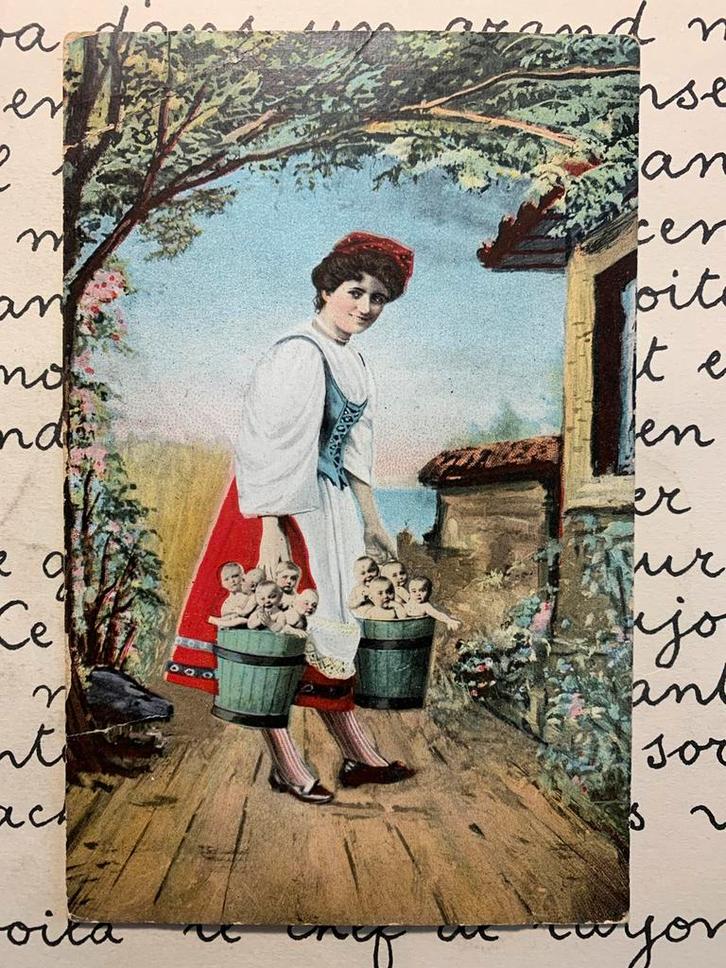 1907 Dame met babies in de emmer (JJ), Verzamelen, Ansichtkaarten | Themakaarten, Gelopen, Voor 1920, Kinderen, Ophalen of Verzenden