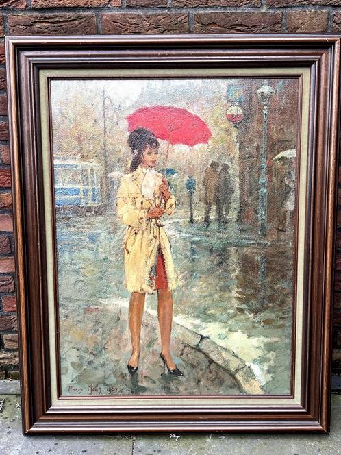 Harry Maas (1906-1982), Stijlvolle dame in de regen, Antiek en Kunst, Kunst | Schilderijen | Klassiek, Ophalen of Verzenden