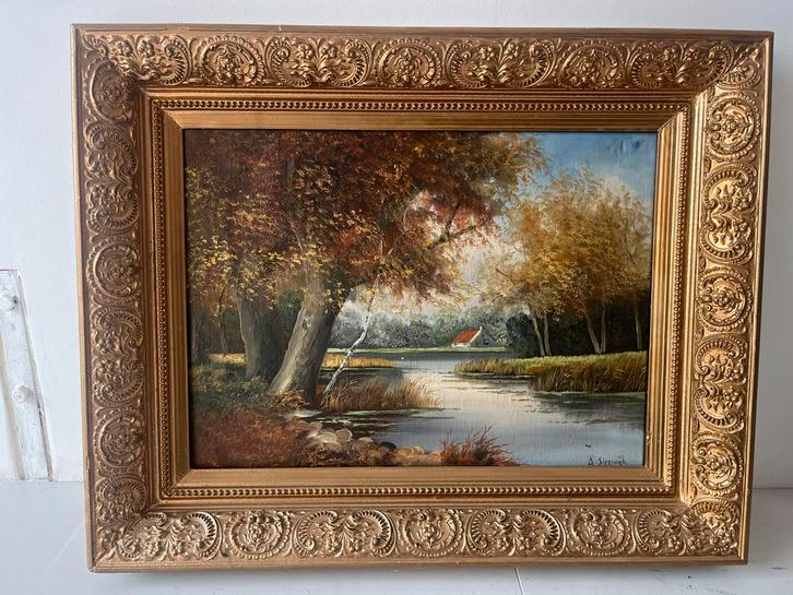 Klassiek landschapschilderij A. Sleeswijk olieverf op doek, Antiek en Kunst, Kunst | Schilderijen | Klassiek, Ophalen of Verzenden
