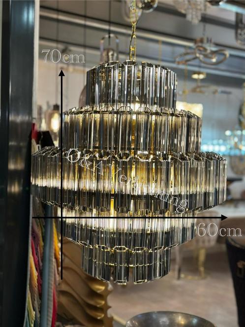Hanglamp 60 bij 70 cm smoke met goud of zilver frame NEW, Huis en Inrichting, Lampen | Kroonluchters, Nieuw, Glas, Metaal, Ophalen of Verzenden