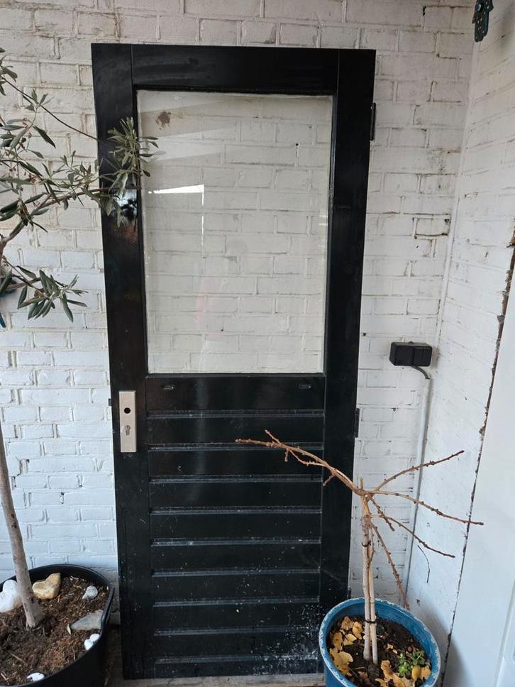 Houten Achterdeur met Glas, Doe-het-zelf en Verbouw, Deuren en Horren, Gebruikt, Buitendeur, 200 tot 215 cm, 80 tot 100 cm, Glas