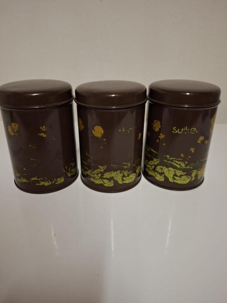 Vintage bruine koffie-, thee- en suikerbussen – retro design, Verzamelen, Blikken, Gebruikt, Koffie, Overige merken, Ophalen