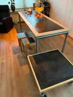 Handgemaakte set lange eettafel, twee krukjes en salontafel, Ophalen, Gebruikt, 50 tot 100 cm, Minder dan 50 cm