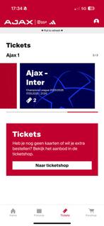 2 tickets Ajax - Inter naast elkaar., Tickets en Kaartjes, Twee personen, Maart