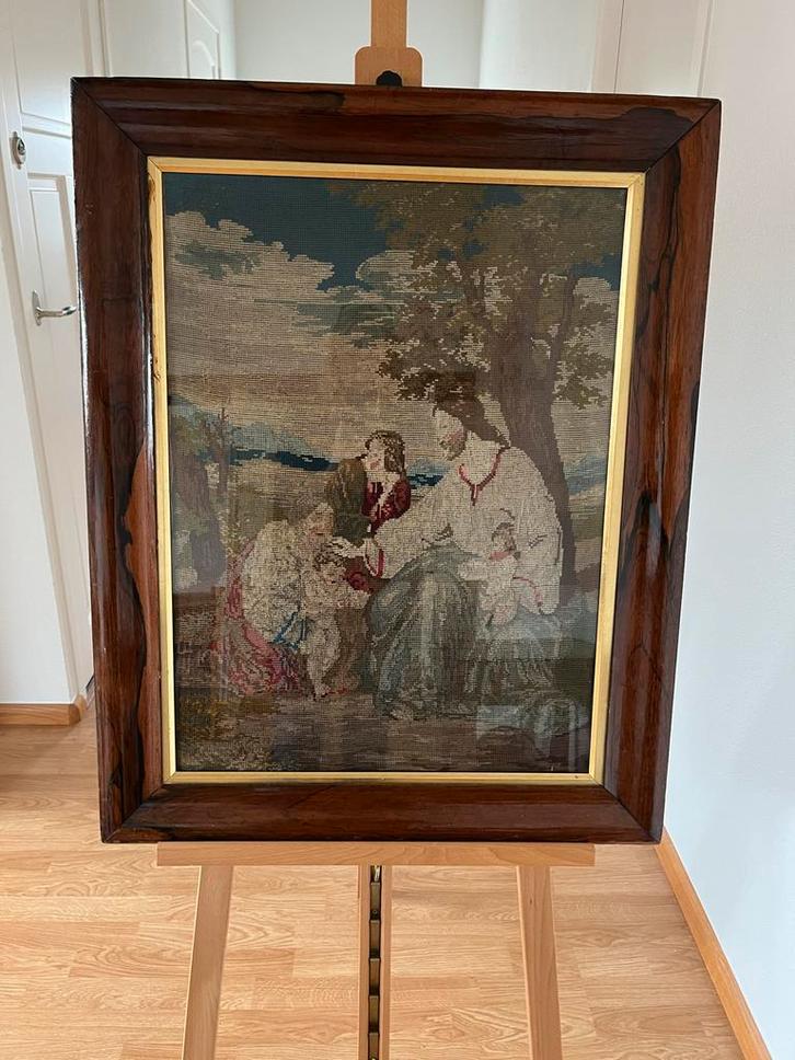 Antiek Wandkleed met Houten Lijst/ Religieus tafereel, Antiek en Kunst, Antiek | Kleden en Textiel, Ophalen of Verzenden
