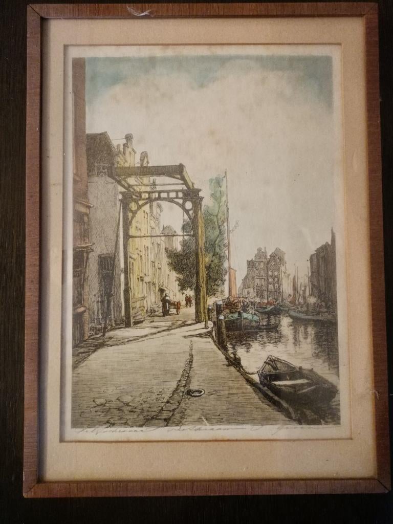 Stadsaanzicht pentekening ingekleurd, Ophalen of Verzenden