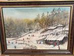 Schilderij Winterlandschap met Schaatsers, Ophalen of Verzenden