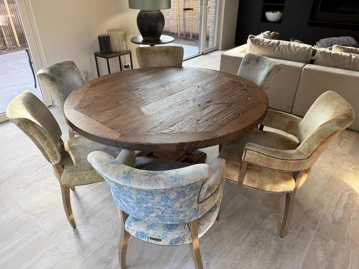 Vlab Ronde Tafel met 6 Stoelen - Mooie Set!, Huis en Inrichting, Banken | Voetenbanken en Poefen, Gebruikt, Rond, Hout, Ophalen