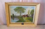 Mooi Oud Geschilderd Werk 'Boerderij en Rivier' - gesigneerd, Antiek en Kunst, Kunst | Schilderijen | Klassiek, Ophalen of Verzenden