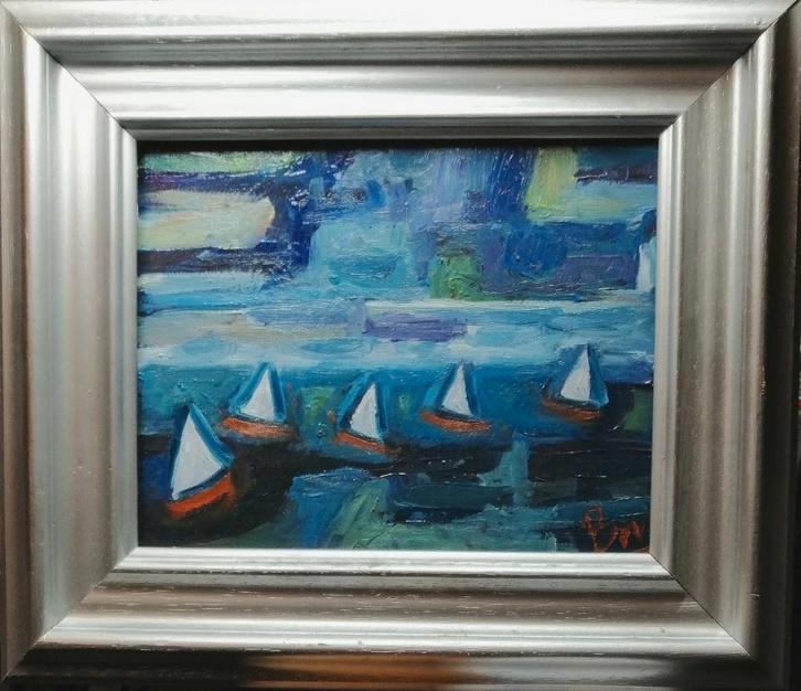 Gerrit Benner BNr "Bootjes op zee"  Olieverf op doek., Antiek en Kunst, Kunst | Schilderijen | Modern, Verzenden