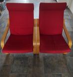 Ikea Poäng beuken relax fauteuils met donkerrode kussens, Huis en Inrichting, Fauteuils, Ophalen, Gebruikt, Minder dan 75 cm, 50 tot 75 cm