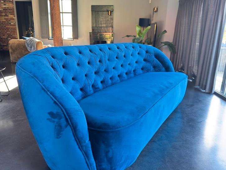 Blauwe Velvet Bank - Prachtig!, Huis en Inrichting, Banken | Bankstellen, Zo goed als nieuw, Rechte bank, Driepersoons, 200 tot 250 cm
