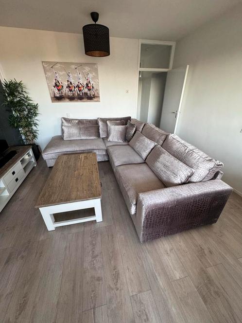 Luxe Hoekbank Velvet Champagne Krokodillenprint, Huis en Inrichting, Banken | Bankstellen, Zo goed als nieuw, Hoekbank, Vierpersoons of meer