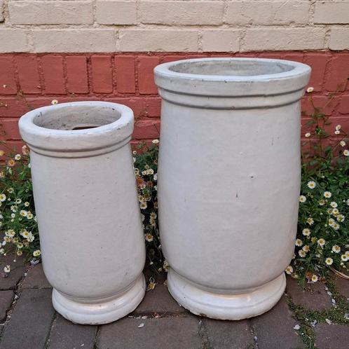 Witte, geglazuurde (buiten)potten, set: 48 + 41 cm. hoog, Tuin en Terras, Bloembakken en Plantenbakken, Gebruikt, Overige materialen