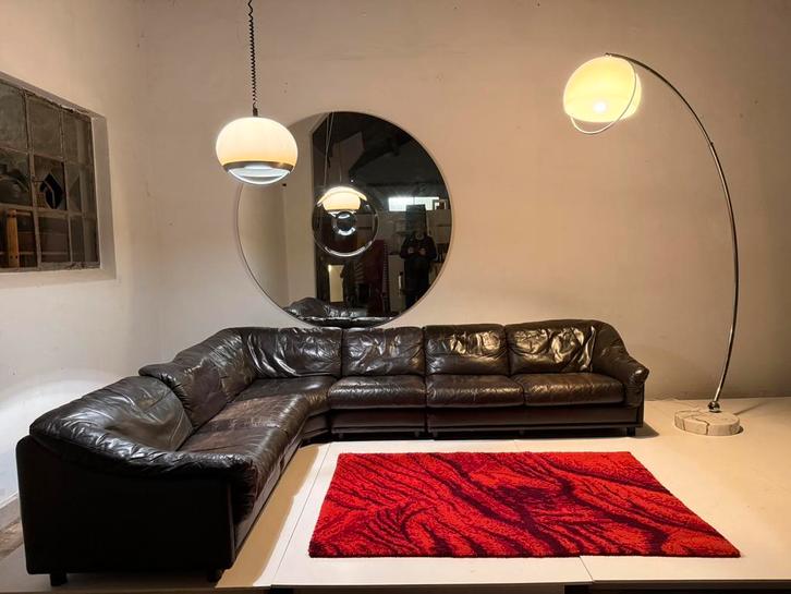 Bruin lederen Leolux jaren 70 modulaire hoekbank Nurigarage, Huis en Inrichting, Banken | Complete zithoeken, Gebruikt, Ophalen