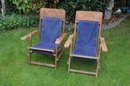 2 teakhouten stoelen met houtsnijwerk in de rug/ deckchairs, Huis en Inrichting, Stoelen, Gebruikt, Twee, Bruin, Boho