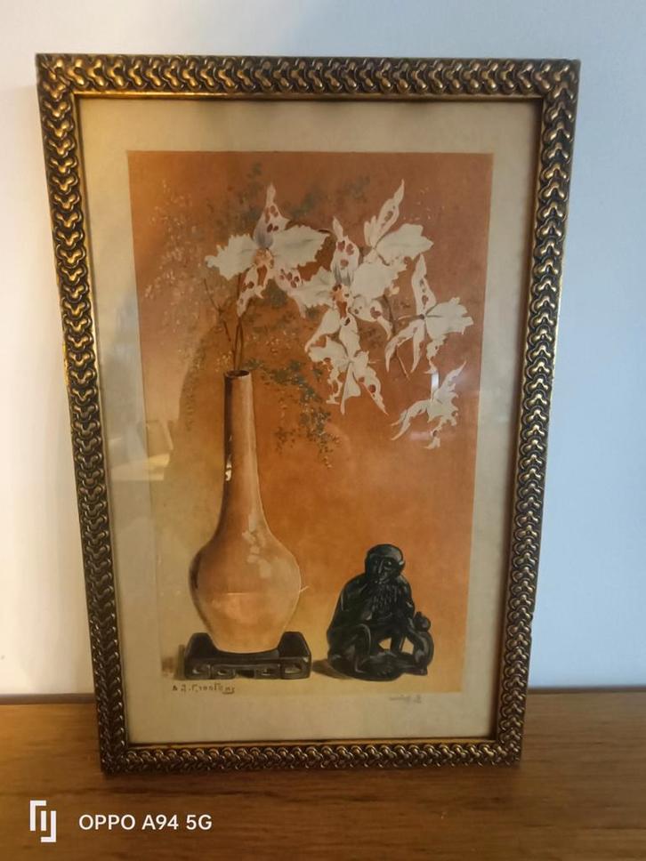 Schilderij met vaas en aap, Antiek en Kunst, Kunst | Tekeningen en Foto's, Ophalen of Verzenden