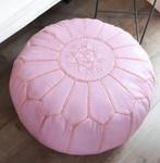 Nieuwe Marokkaanse handgemaakte leren poef, gevuld roze, Huis en Inrichting, Minder dan 50 cm, Rond, Nieuw, Ophalen of Verzenden