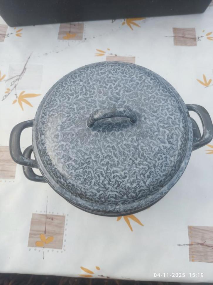 Emaille wolkjes pan / stoompan / rijstkoker vintage(2) 21cm, Antiek en Kunst, Antiek | Emaille, Ophalen of Verzenden