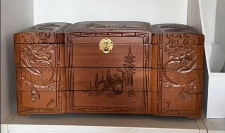 Vintage handgemaakte sieradenkist exotisch hout, oosters, Antiek en Kunst, Kunst | Niet-Westerse kunst, Ophalen