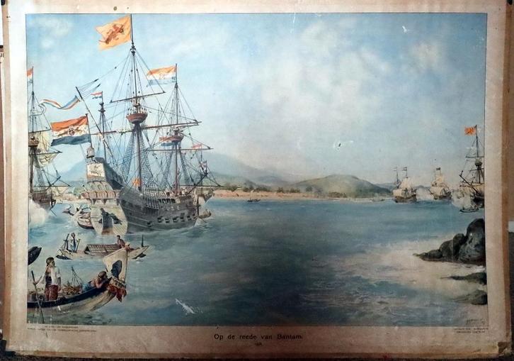 Op de reede van Bantam, 1598, Antiek en Kunst, Antiek | Schoolplaten, Geschiedenis, Ophalen
