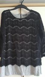 Zwart shirt, met kant op grijs onderhemdje - mt. medium, Zwart, Lange mouw, Ophalen, Maat 38/40 (M)