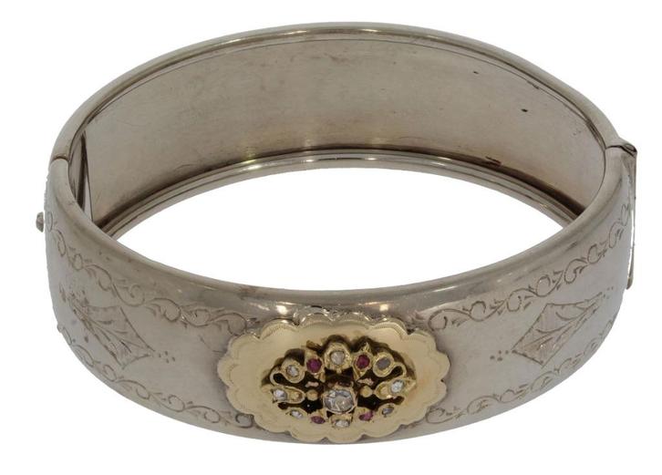 Diamanten robijn 14k gouden zilveren slaven armband antiek, Sieraden, Tassen en Uiterlijk, Antieke sieraden, Armband, Goud, Met edelsteen