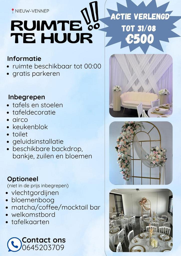 TE HUUR:Feestruimte in Nieuw Vennep - maximaal 50 personen, Hobby en Vrije tijd, Feestartikelen | Verhuur, Zo goed als nieuw, Ophalen