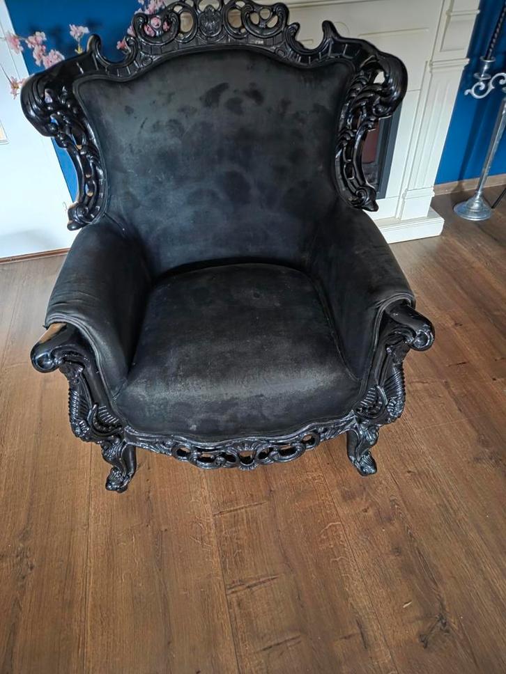 Zwarte Barok Fauteuil, Huis en Inrichting, Fauteuils, Gebruikt, Hout, Stof, 75 tot 100 cm, 75 tot 100 cm, Ophalen of Verzenden