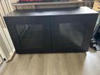 Donker bruine lage tv kast met glazen deuren, Ophalen, 50 tot 100 cm, 25 tot 50 cm, Glas