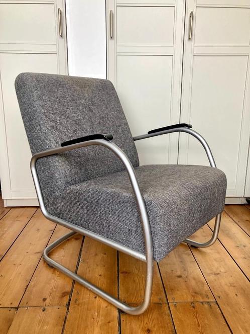 Vintage buis fauteuil geinspireerd op Gispen 407 grijs, Huis en Inrichting, Fauteuils, Gebruikt, Metaal, Stof, Overige materialen