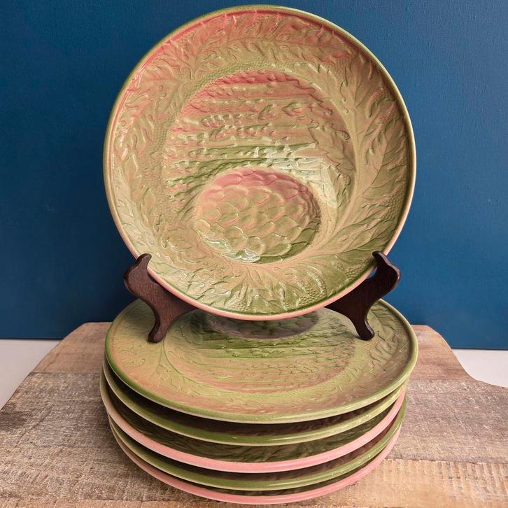 6 Antieke Aspergeborden van Gien, Frankrijk, Antiek en Kunst, Antiek | Servies los, Ophalen of Verzenden