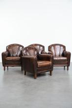 Set van 4 comfortabele unieke stoere rundleren fauteuils, Huis en Inrichting, Fauteuils, Ophalen, Klassiek, Engels, Gebruikt, .
