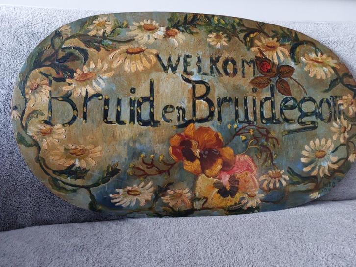 Vintage (1936)bord op hout voor ?? jarig huwelijk , Hobby en Vrije tijd, Feestartikelen, Gebruikt, Versiering, Geboorte of Huwelijk