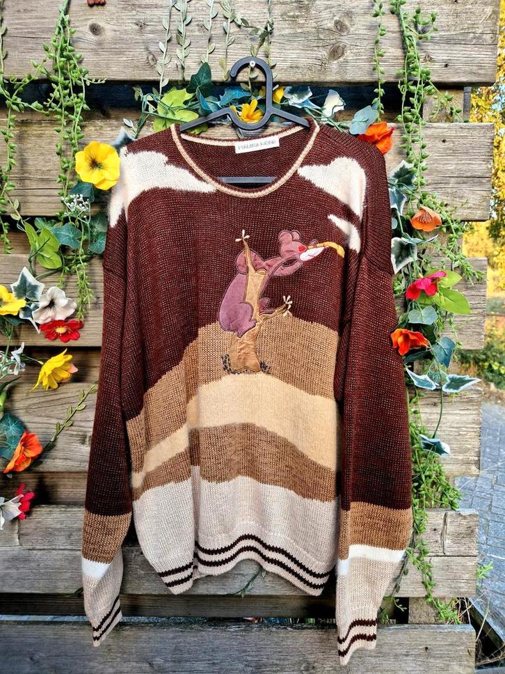 Super retro bruine geborduurde beren trui, Kleding | Dames, Truien en Vesten, Zo goed als nieuw, Maat 46/48 (XL) of groter, Bruin