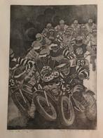 Ets van Leentje Linders uit 1974 met motorrace afbeelding., Antiek en Kunst, Kunst | Etsen en Gravures, Ophalen of Verzenden