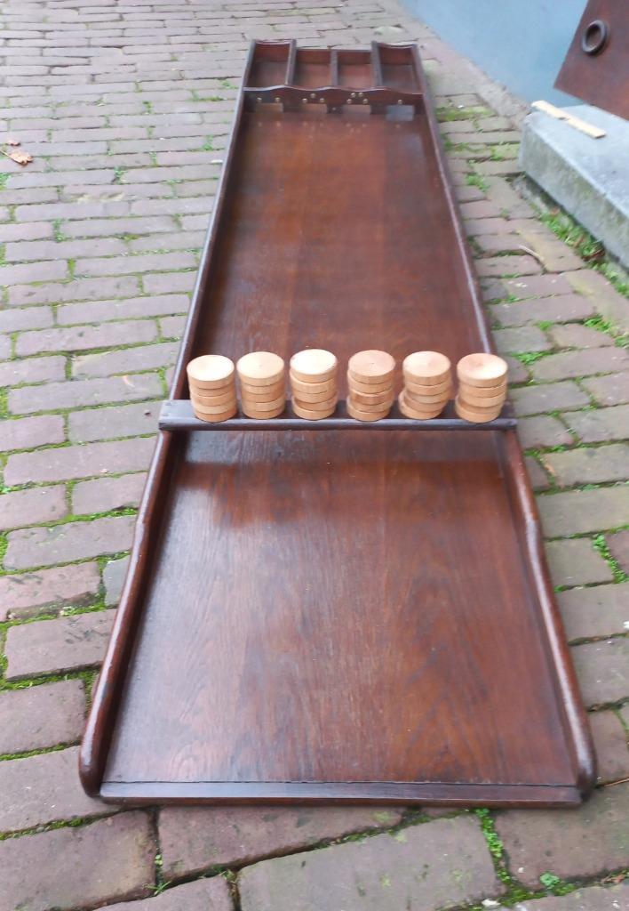 Grote houten SJOELBAK 200 cm. inclusief 30 sjoelschijven., Hobby en Vrije tijd, Gezelschapsspellen | Overige, Gebruikt, Ophalen