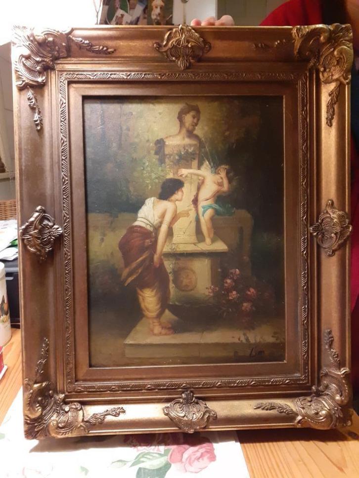 Olieverf op Paneel Schilderij in Sierlijst "Amor op Fontein", Antiek en Kunst, Kunst | Schilderijen | Klassiek, Ophalen of Verzenden