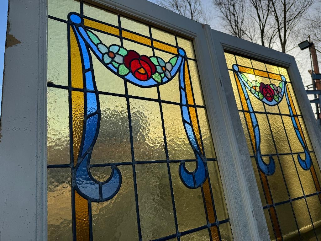 Set Jugendstil openslaande glas in lood deuren 217x159cm, Ophalen