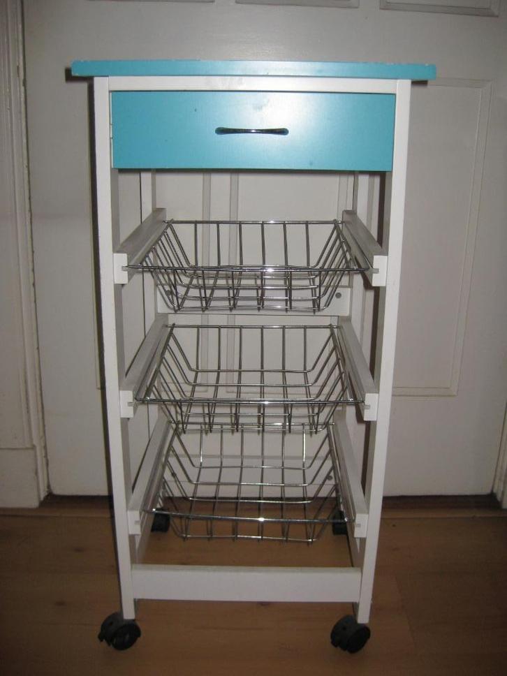 Keukenkastje op wieltjes / 1 lade 3 rekjes / blauw turkoise, Huis en Inrichting, Kasten | Overige, Gebruikt, Ophalen