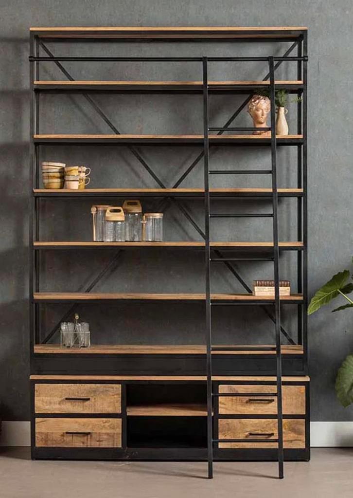 Prachtige Industriële Boekenkast Mangohout – 245 hoog, Huis en Inrichting, Kasten | Boekenkasten, Zo goed als nieuw, 200 cm of meer
