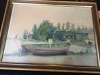 Aquarel: Mooie aquarel 37x27 Schilder A de Wolf- ""Bootje te, Ophalen of Verzenden